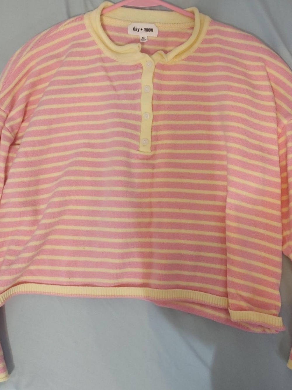 day + moon Pink and Cream Striped Henley Top